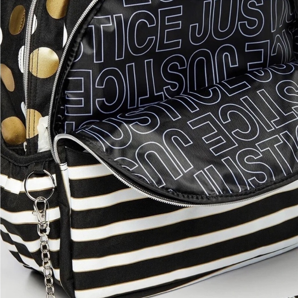 Justice  Exclusive "Just Be You" Gold & White Polka-dot & Strip Backpack bag - Picture 7 of 16